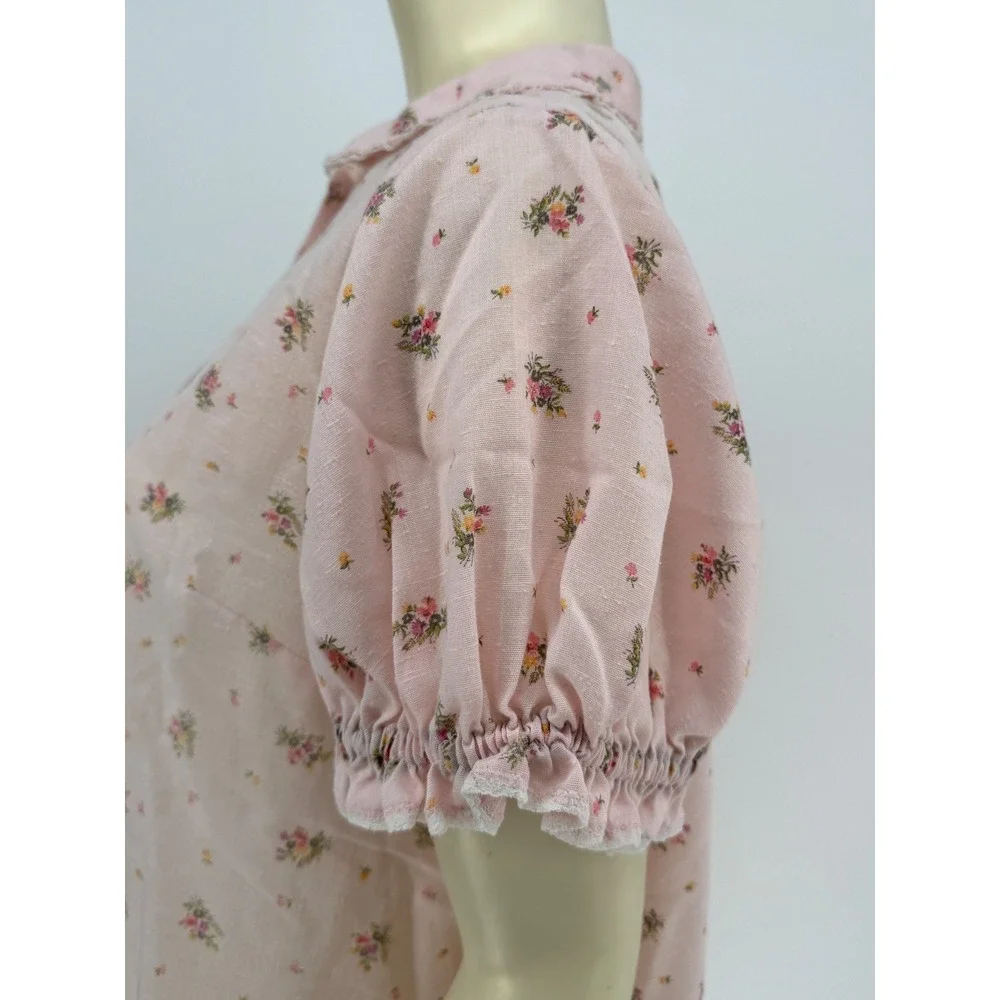 Vintage 1950s‎ Handmade Pink Floral Cotton Puff Sleeve House Robe Semi Sheer